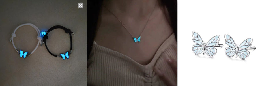 Fashion Blue Luminous Butterfly Necklace Bracelet Set For Glow In The Dark Women Clavicle Chain Choker Party Jewelry Set Gift - globaltradeleader