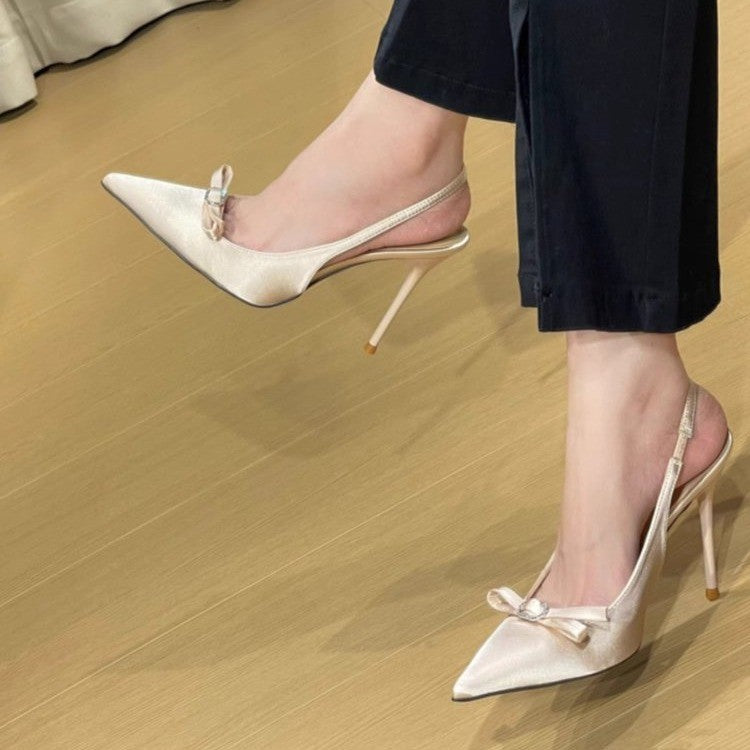 Gentle Lady Style High Heel Sandals Stiletto Heel Nude Color Low-cut Bowknot Pointed Toe - globaltradeleader