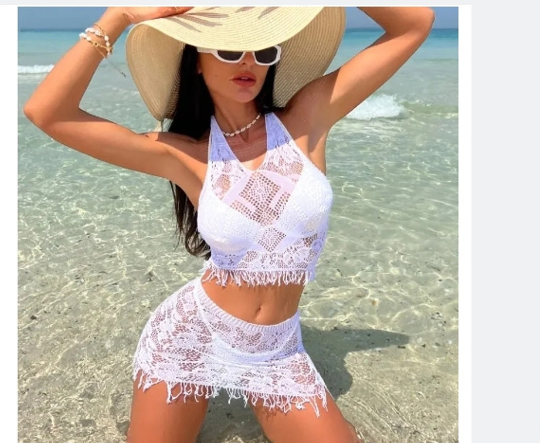 Women's Spring And Summer Beach Cover-up Tassel Skirt Lace Bikini Swimsuit Two-piece - globaltradeleader