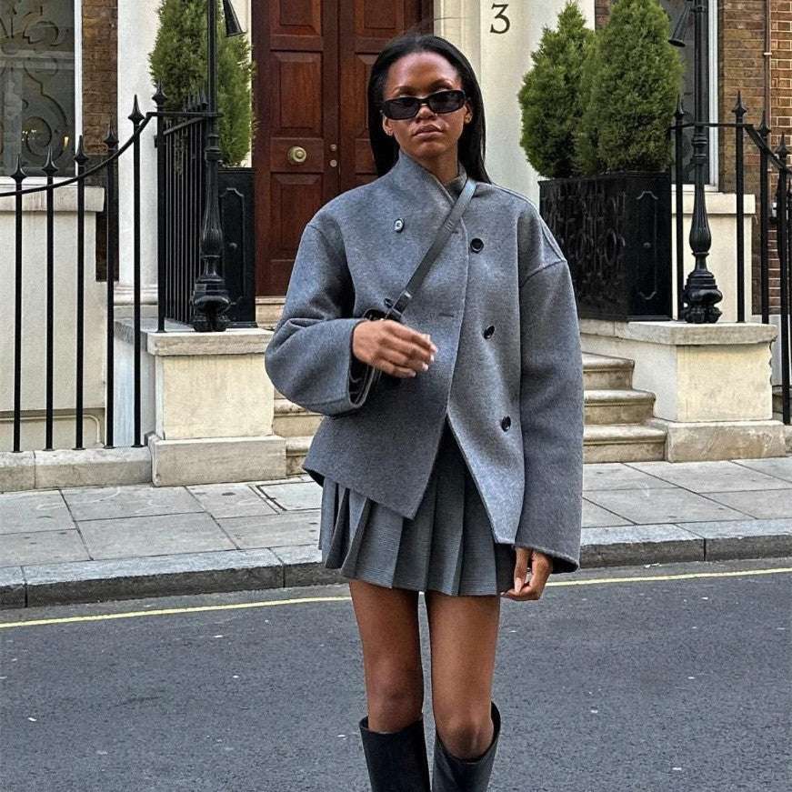 Short Double Breasted Solid Color Coat Casual Temperament British Top - globaltradeleader