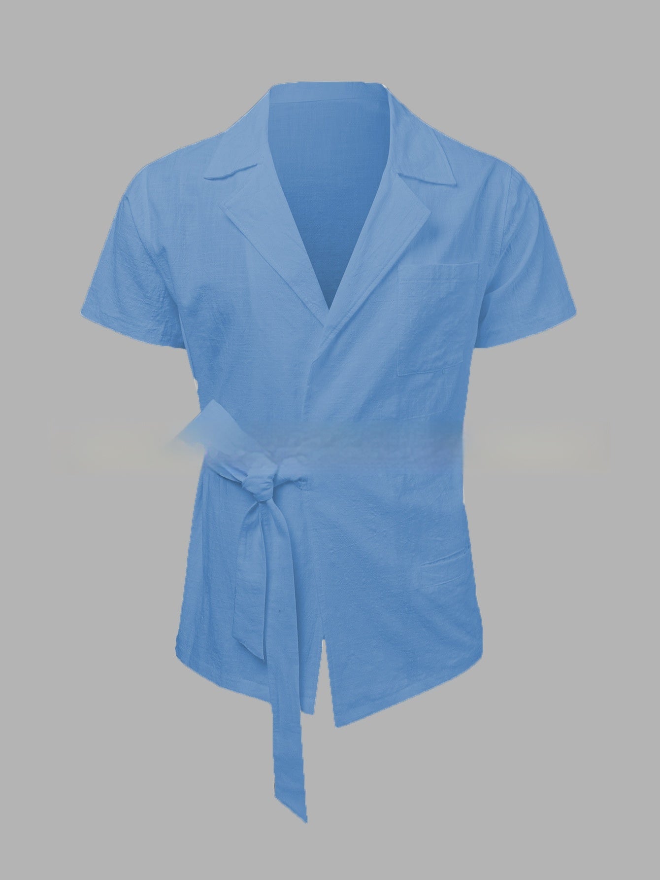 Summer Men's Solid Color Cotton And Linen Suit Lapel Tied Short Sleeve Shirt - globaltradeleader