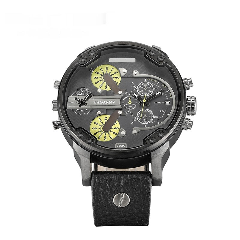 Watch Men's Quartz Watch Double Time Zone Large Dial Black Shell Leather - globaltradeleader