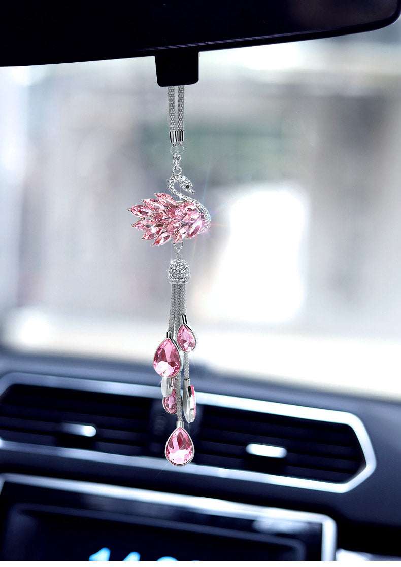 Car Rearview Mirror Crystal Swan Pendant Creative
