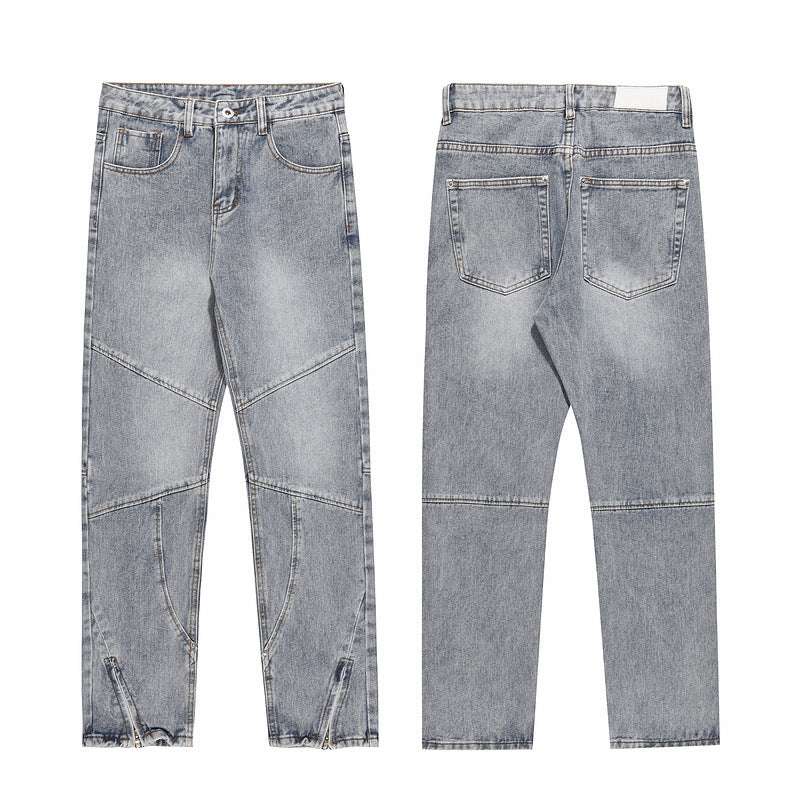 Men's Wash Blue Zipper Splicing Jeans