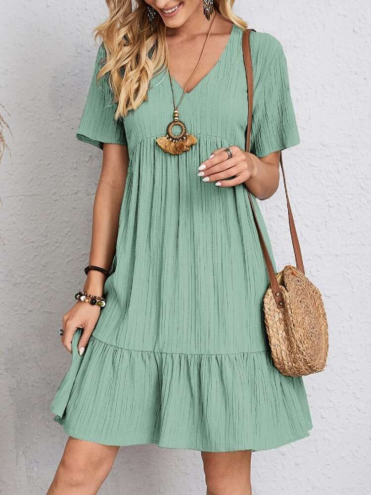 V-neck Short Sleeve Dress Summer Fashion Casual Loose Ruffled Dresses Beach Clothing Women - globaltradeleader