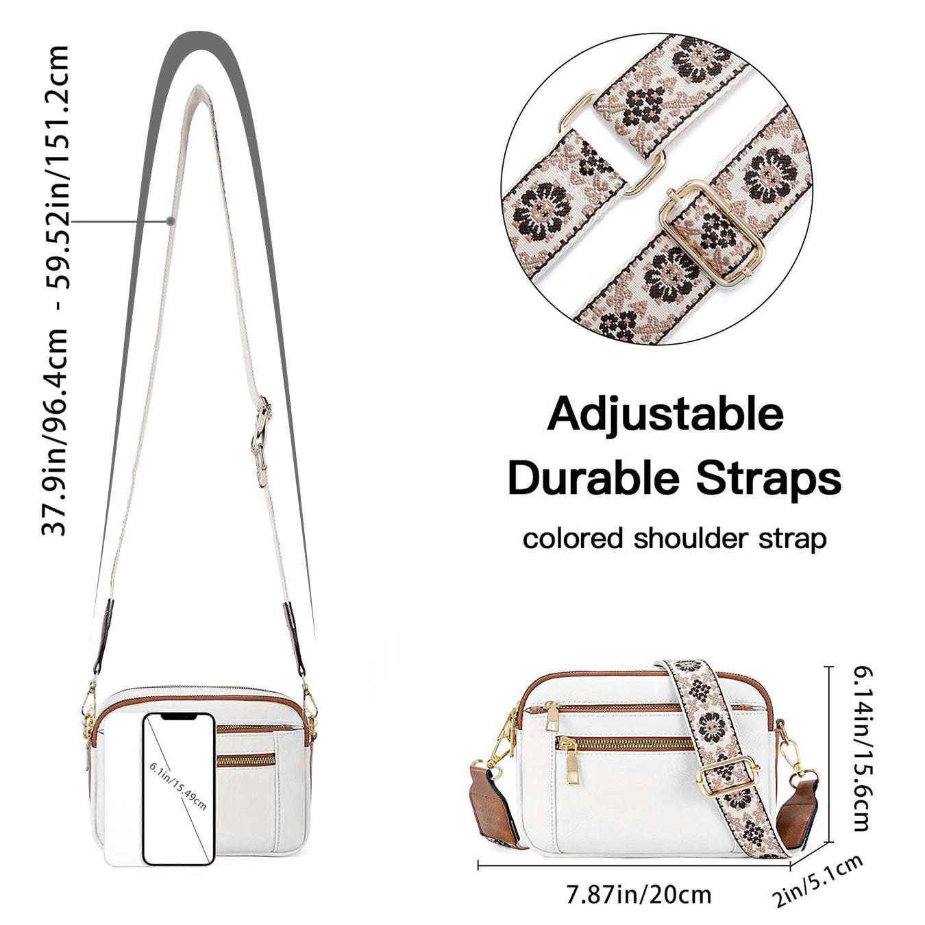 Triple-zipper Shoulder Bag With Floral Embroidered Straps Fashion Colorblock Multi-functional Crossbody Bags For Women - globaltradeleader