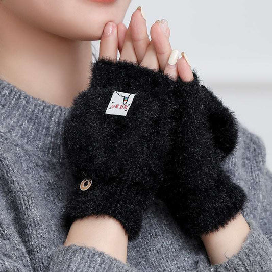 Plush Winter Half Finger Flap Warm Thickened Mink Like Knitting Gloves - globaltradeleader
