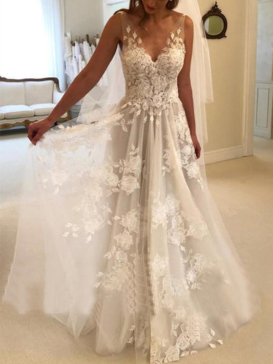 Double-shoulder Deep V-neck Slim-fit Lace Wrapped Shoulder Tail Wedding Dress - globaltradeleader