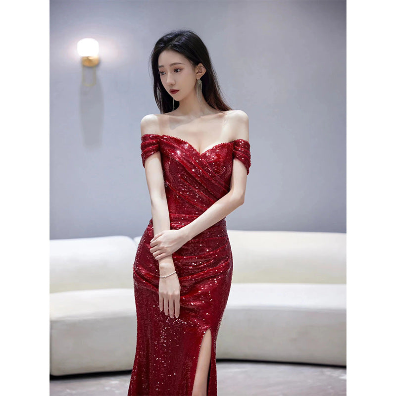 Fishtail Toast Dress Bride Wine Red Split Engagement Dress - globaltradeleader