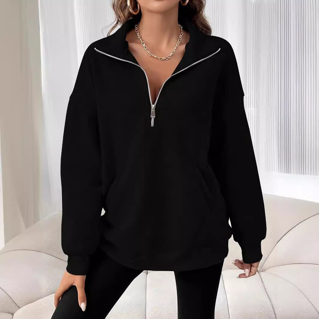 Polo Collar Solid Color Casual Women's Hoodie - globaltradeleader