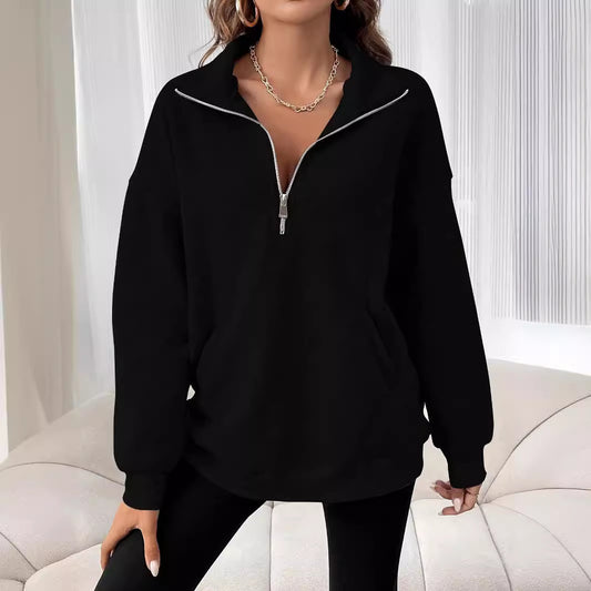 Polo Collar Solid Color Casual Women's Hoodie - globaltradeleader