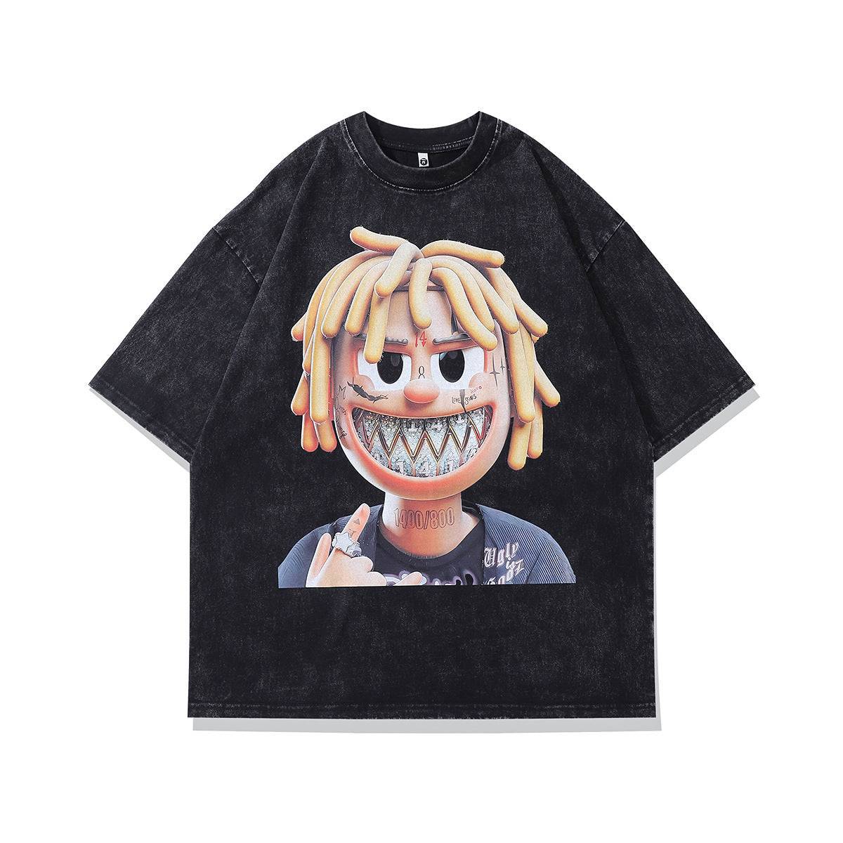 Retro Cartoon Printed Loose Round Neck Short Sleeve T-shirt - globaltradeleader