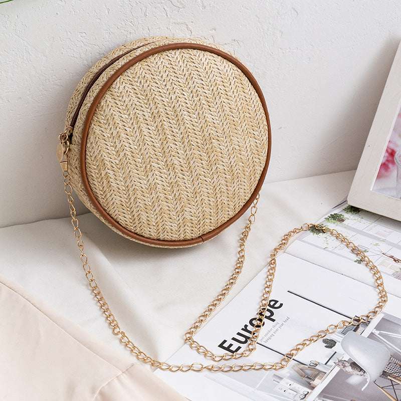 Ladies One Shoulder Straw Small Round Bag