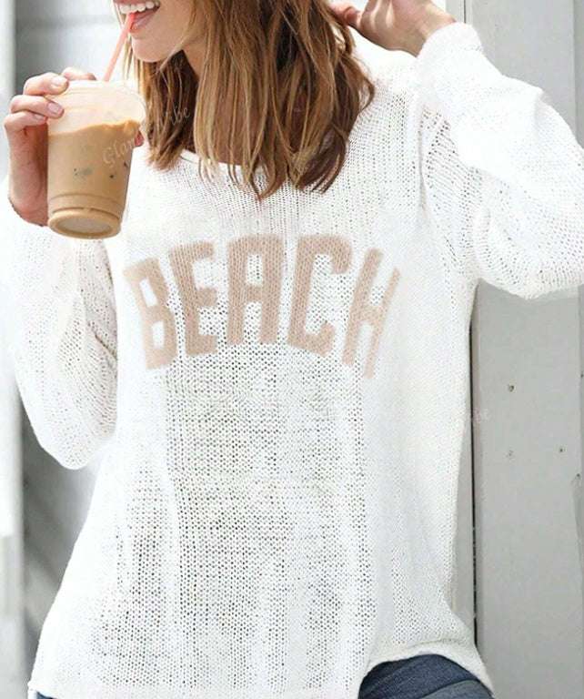 Women Casual Fashion Long Sleeve Letter Loose Knit Pullover Sweater - globaltradeleader
