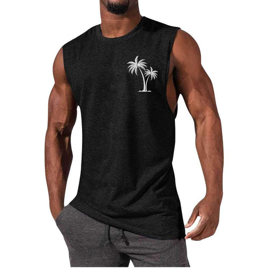 Coconut Tree Embroidery Vest Summer Beach Tank Tops Workout Muscle Men Sports Fitness T-shirt - globaltradeleader