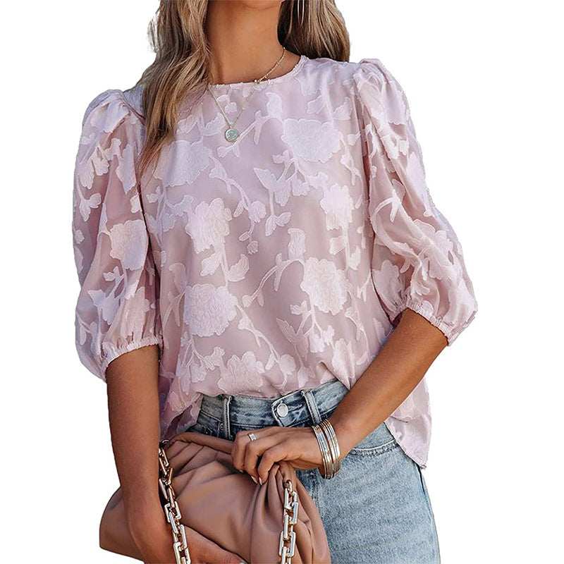 Women's Puff Sleeve Chiffon Loose Top Flower Texture Shirt - globaltradeleader