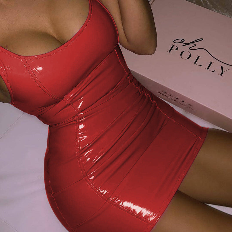 Solid Color Sling Dress Female Sexy Tight Leather Hip Skirt Party Festival Dresses - globaltradeleader