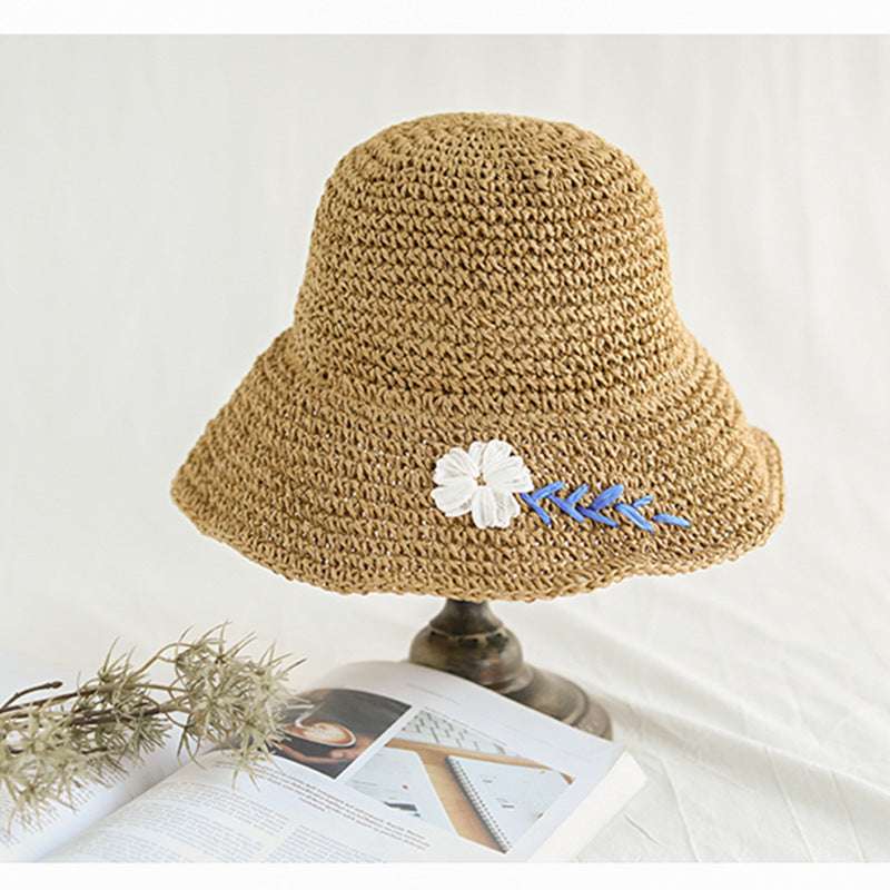 Small Daisy Embroidered Straw Women's Summer Foldable Bucket Hat