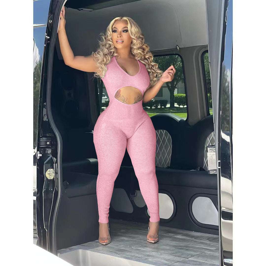 Solid Color Cut-out Deep V Casual Jumpsuit