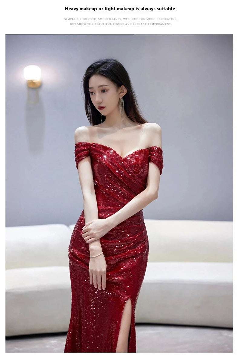 Fishtail Toast Dress Bride Wine Red Split Engagement Dress - globaltradeleader