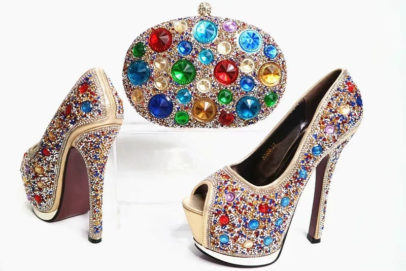 Stiletto Pointed Fish Mouth High Heels Rubber Spot Rhinestone Dinner Bag - globaltradeleader