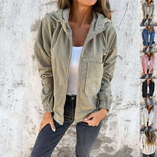 Corduroy Hooded Zip-up Jacket With Pockets Fashion Casual Drawstring Tops Outerwear Women's Clothing - globaltradeleader