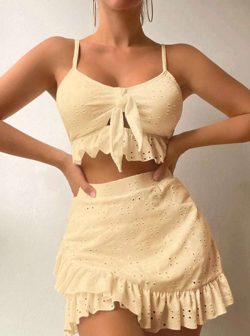 3pcs Beach Bikini With Hip-hugging Skirt Fashion Ruffle Design Swimsuit Set Summer Womens Clothing - globaltradeleader