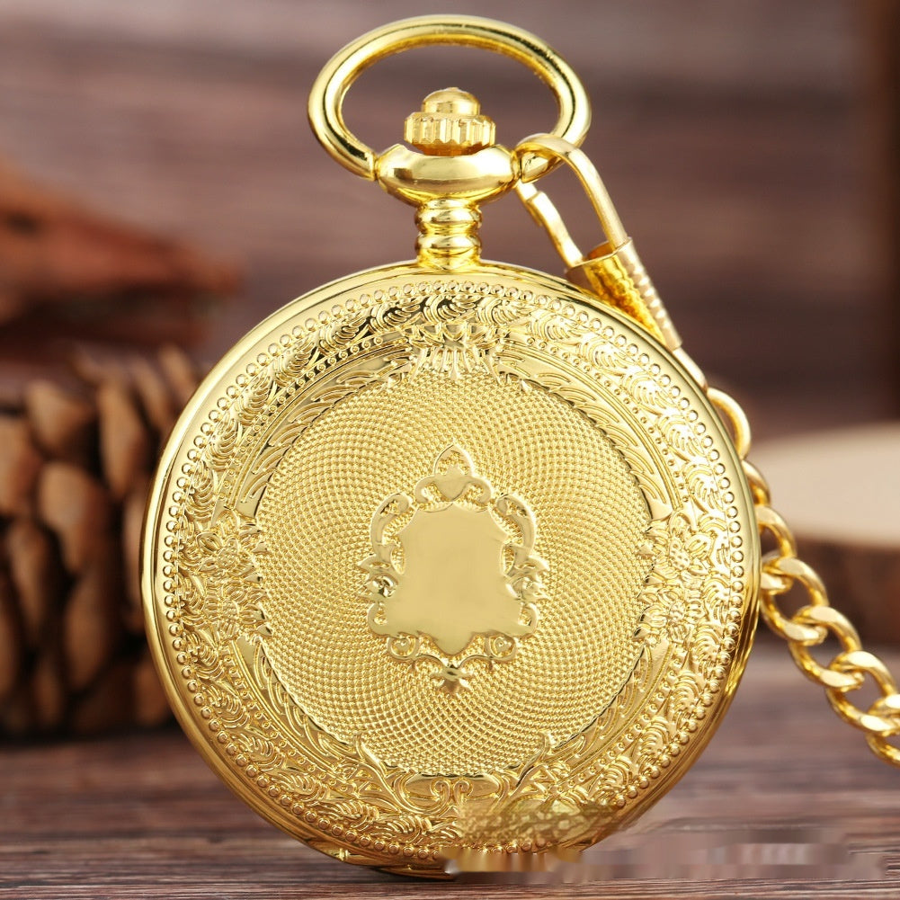 Flip Necklace Gold Double-sided Carved Shield Manual Manipulator Pocket Watch - globaltradeleader