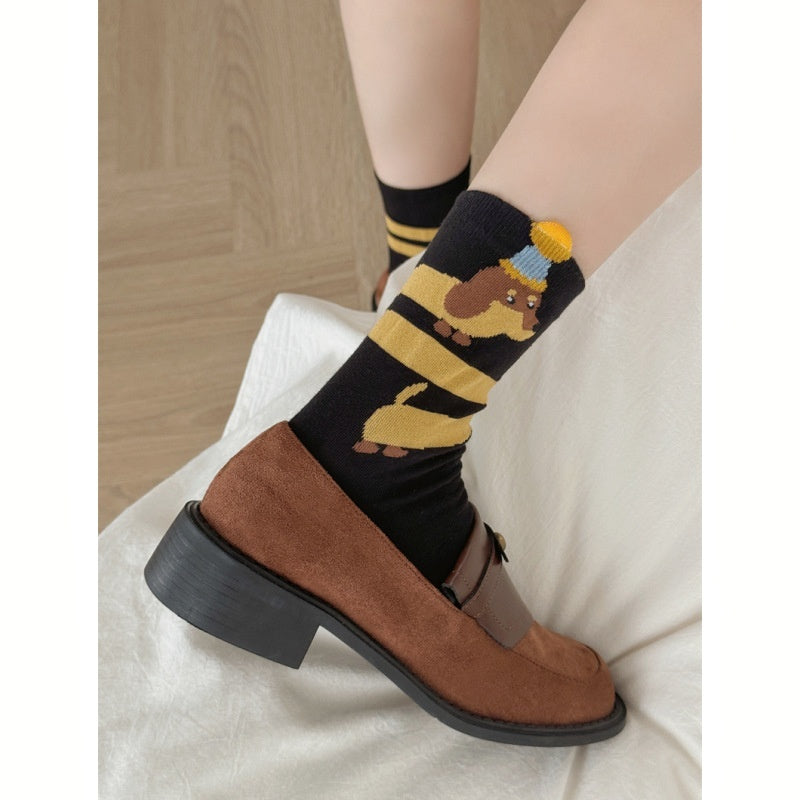 Autumn And Winter Puppy Embroidery Tube Socks Flanging Cartoon Sausage Dog Vertical Bar Bunching Socks - globaltradeleader