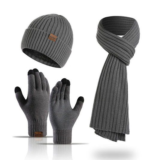 Winter Solid Color Scarf Hat Gloves Knitted Three-piece Suit - globaltradeleader