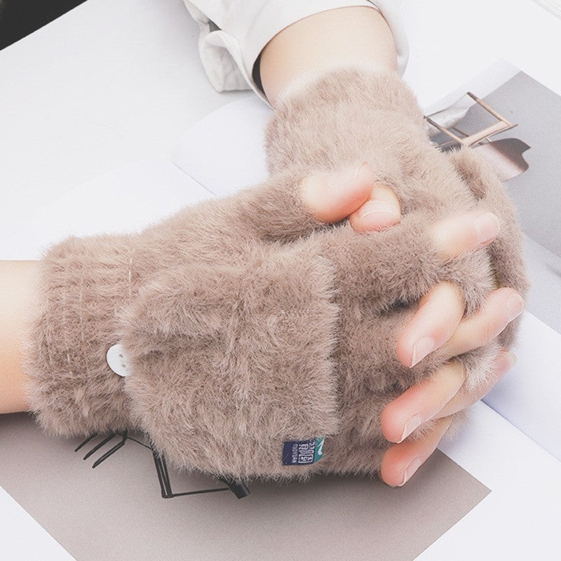 Plush Gloves Female Winter Warm Student Exposed Finger Flip Gloves Household - globaltradeleader