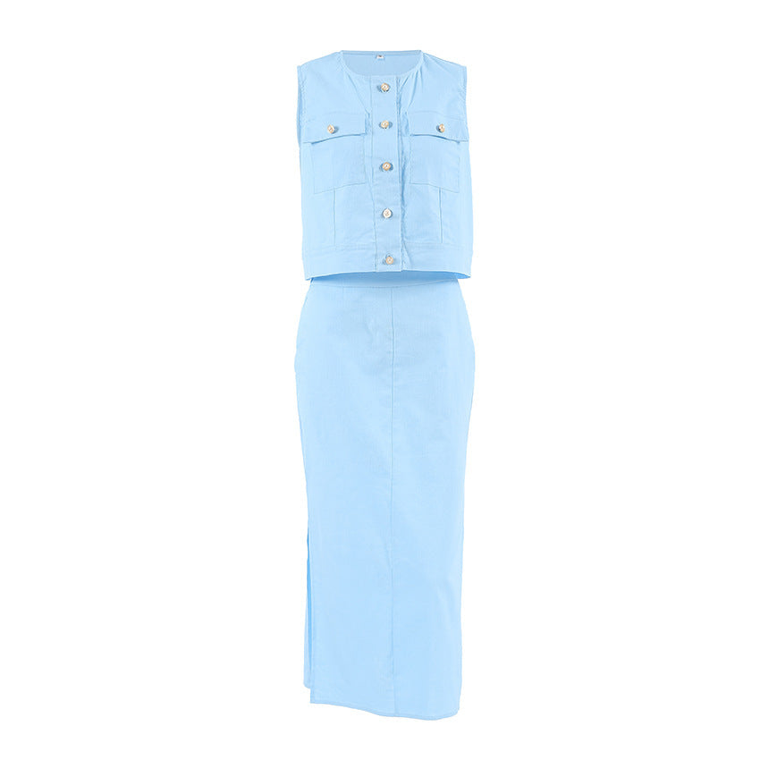 Slim Fit Sleeveless Top Straight Skirt Suit - globaltradeleader