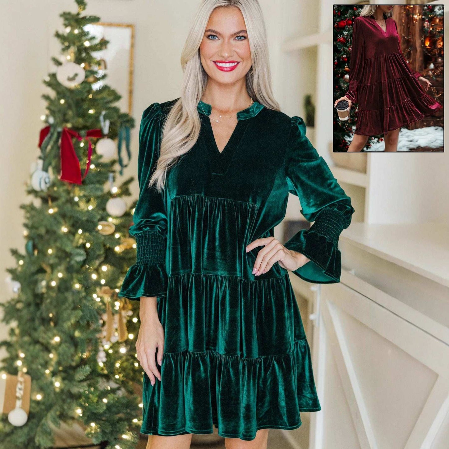 Long Sleeve Christmas Skirt Velvet Cake Dresses With Puffy Sleeves And V-Neck Mini Skirt Elegant Short Dress For Women New Year Party Clothing - globaltradeleader