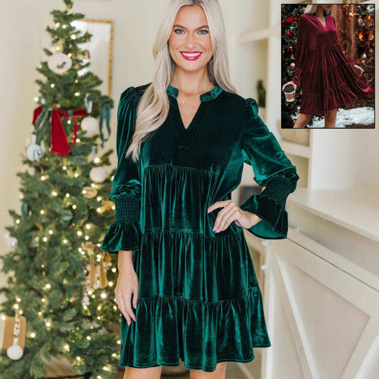 Long Sleeve Christmas Skirt Velvet Cake Dresses With Puffy Sleeves And V-Neck Mini Skirt Elegant Short Dress For Women New Year Party Clothing - globaltradeleader