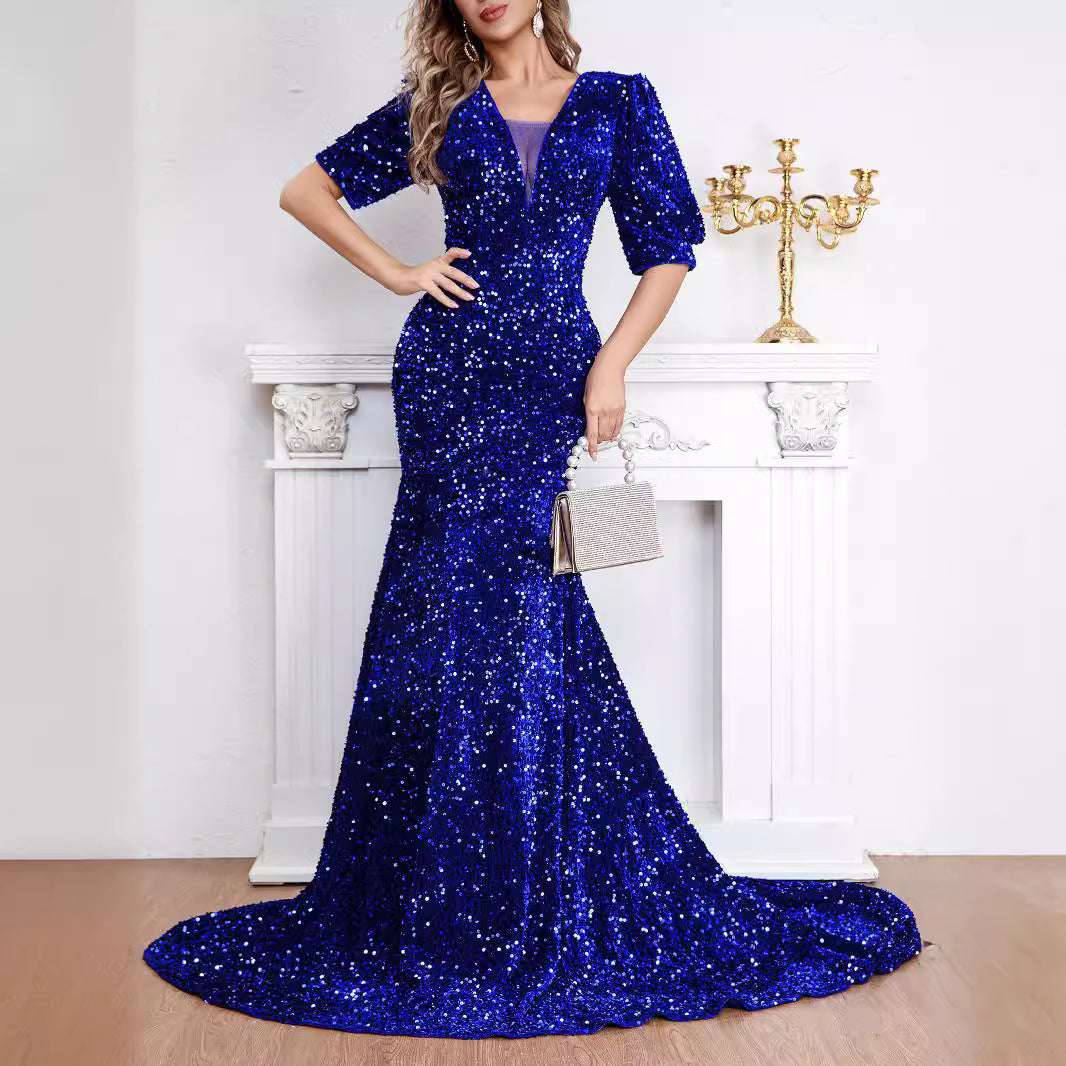Sexy Middle Sleeve Trailing Sequin Dress Banquet Evening Dress - globaltradeleader
