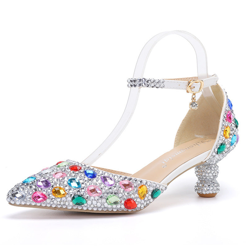 Low-top Summer Blue Color Pointed Gourd Heel Rhinestone Multi-color Fashion Wedding Banquet Women's Shoes - globaltradeleader