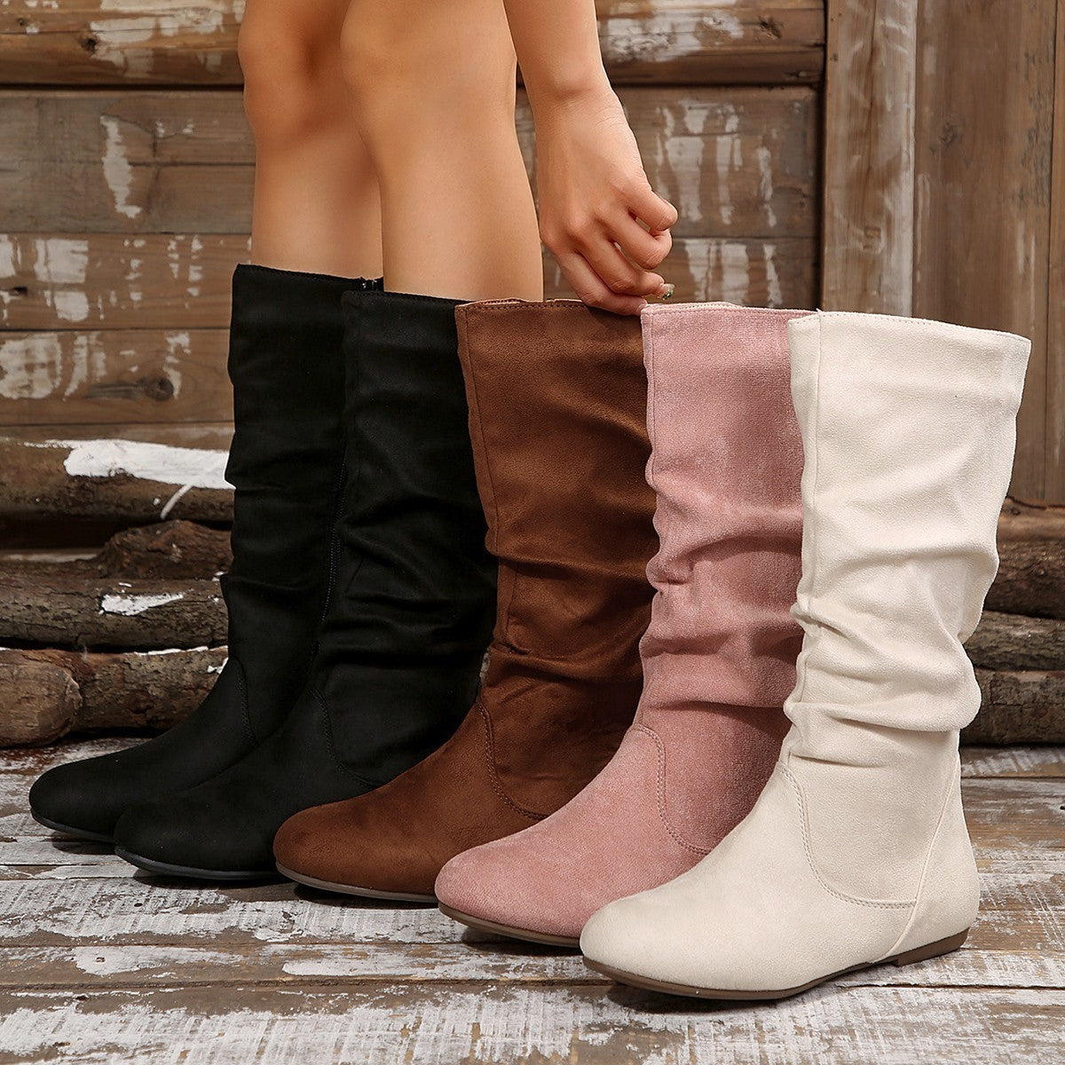 Autumn And Winter Side Zipper Flat Suede Boots - globaltradeleader