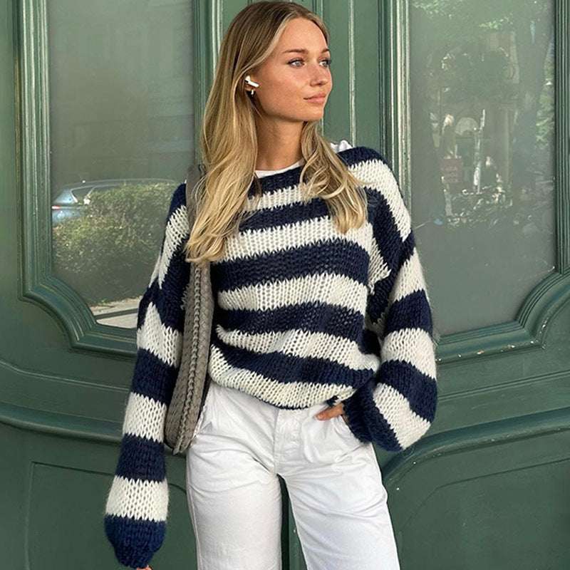 Loose Striped Pullover Sweater Fashion Versatile Long-sleeved Knitted Tops For Women Clothing - globaltradeleader