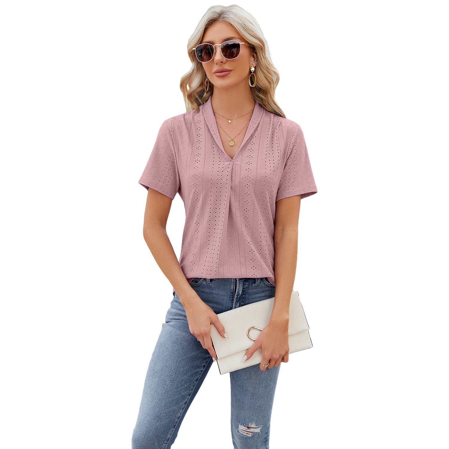 V-neck Hollow Design T-shirt Summer Loose Short-sleeved Top For Womens Clothing - globaltradeleader