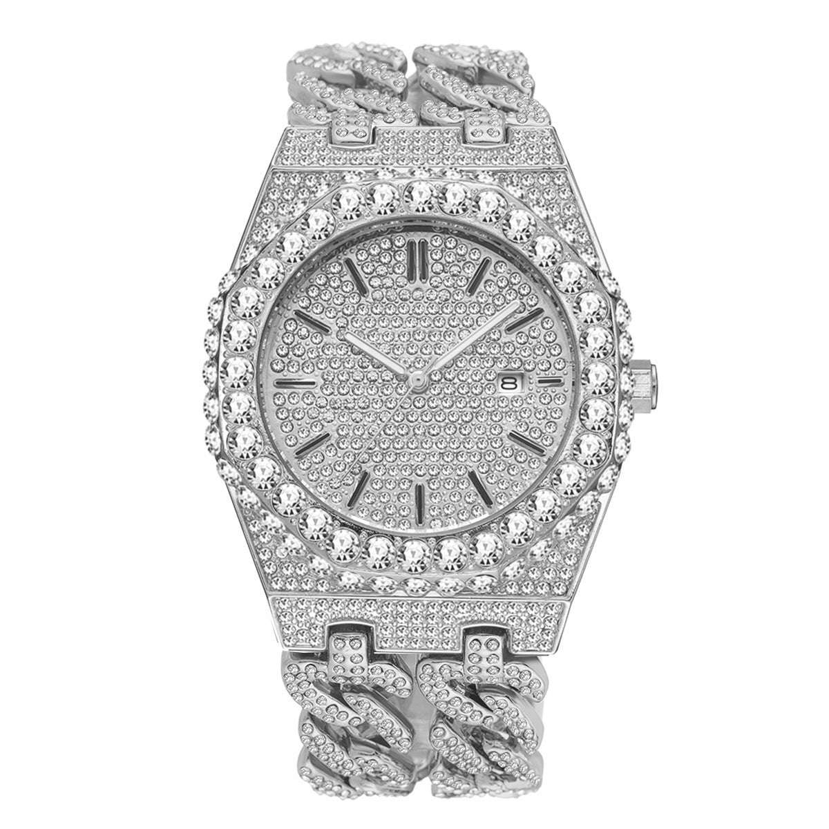Men's Hip Hop Iced Diamond Fashion Cuban Link Chain Quartz Clock - globaltradeleader