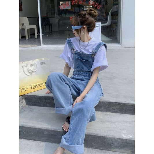 Ripped Denim Suspender Pants Women's Spring Versatile Ins High Waist Straight Wide Leg Mop Trousers Women's - globaltradeleader