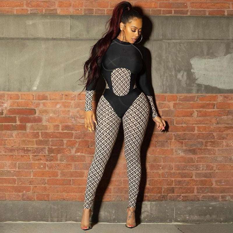 Spliced High-waist Tight-fitting Sports Fitness Jumpsuit