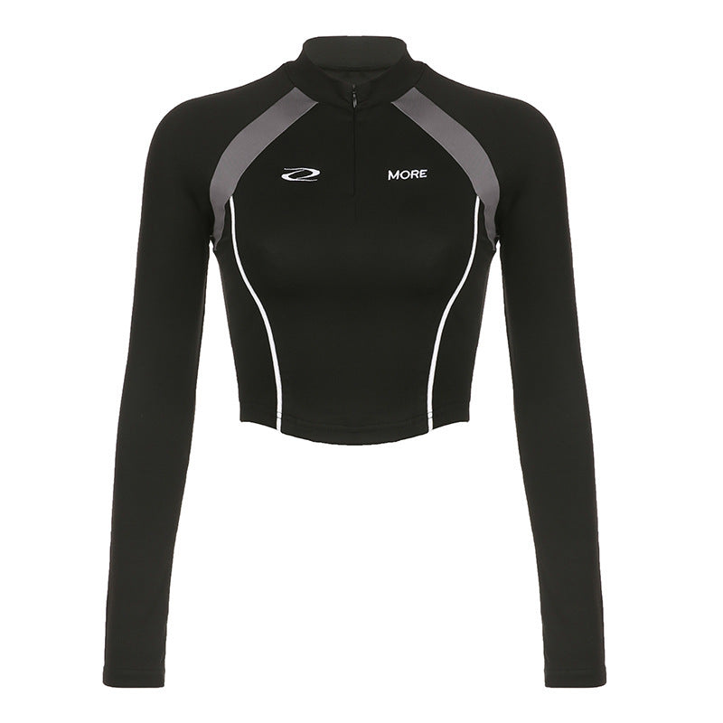 Women's Mechanical Style Color Block Print Invisible Long-sleeve Zipper T-shirt - globaltradeleader