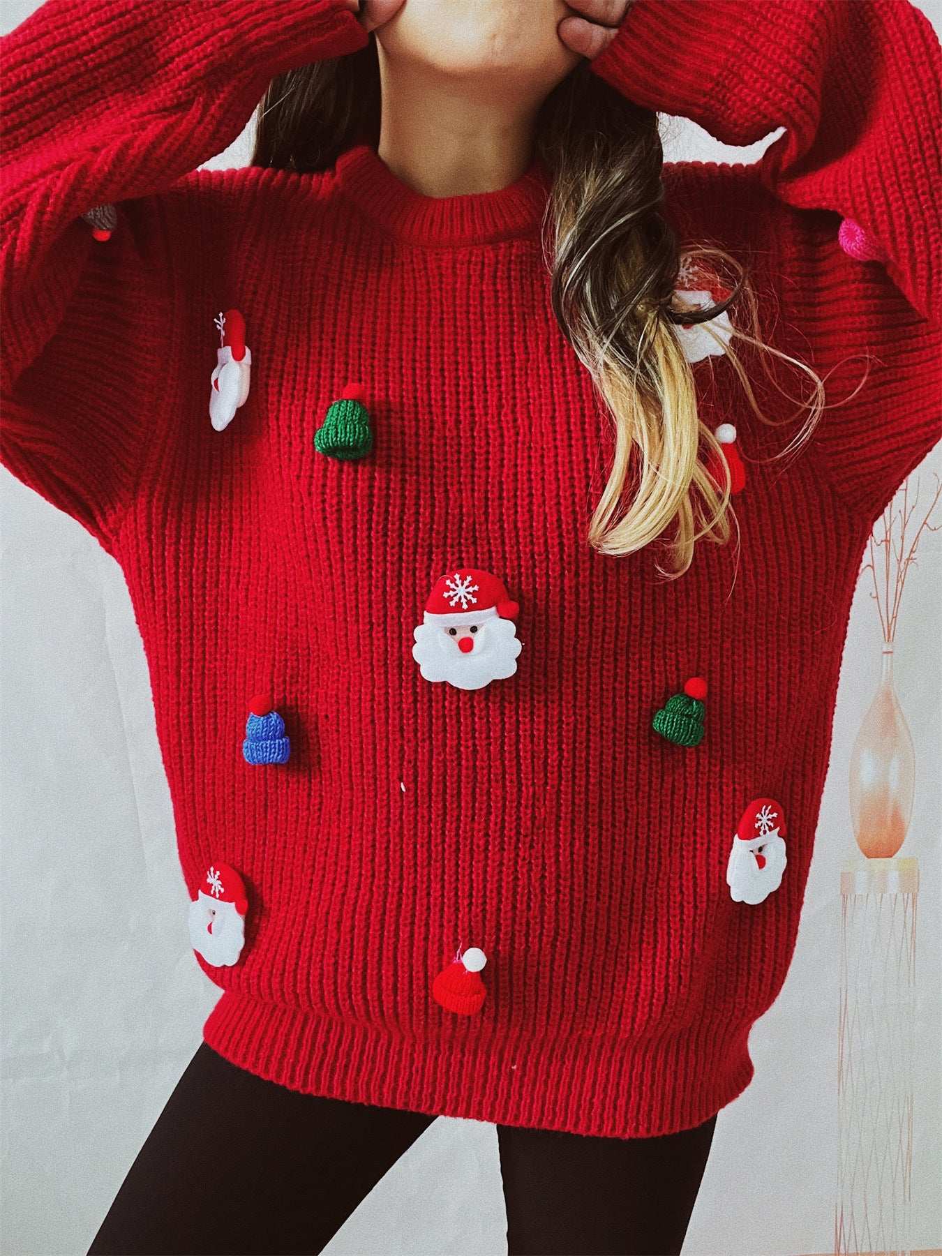 Women's Cute Fashion Santa Claus Three-dimensional Decoration Round Neck Long Sleeve Sweater - globaltradeleader