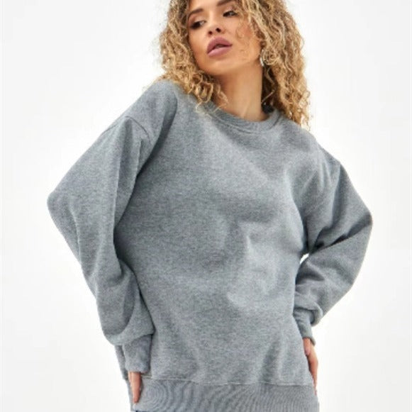 Fleece-lined Thick Round Neck Loose-fitting Solid Color Long Sleeves Sweater - globaltradeleader
