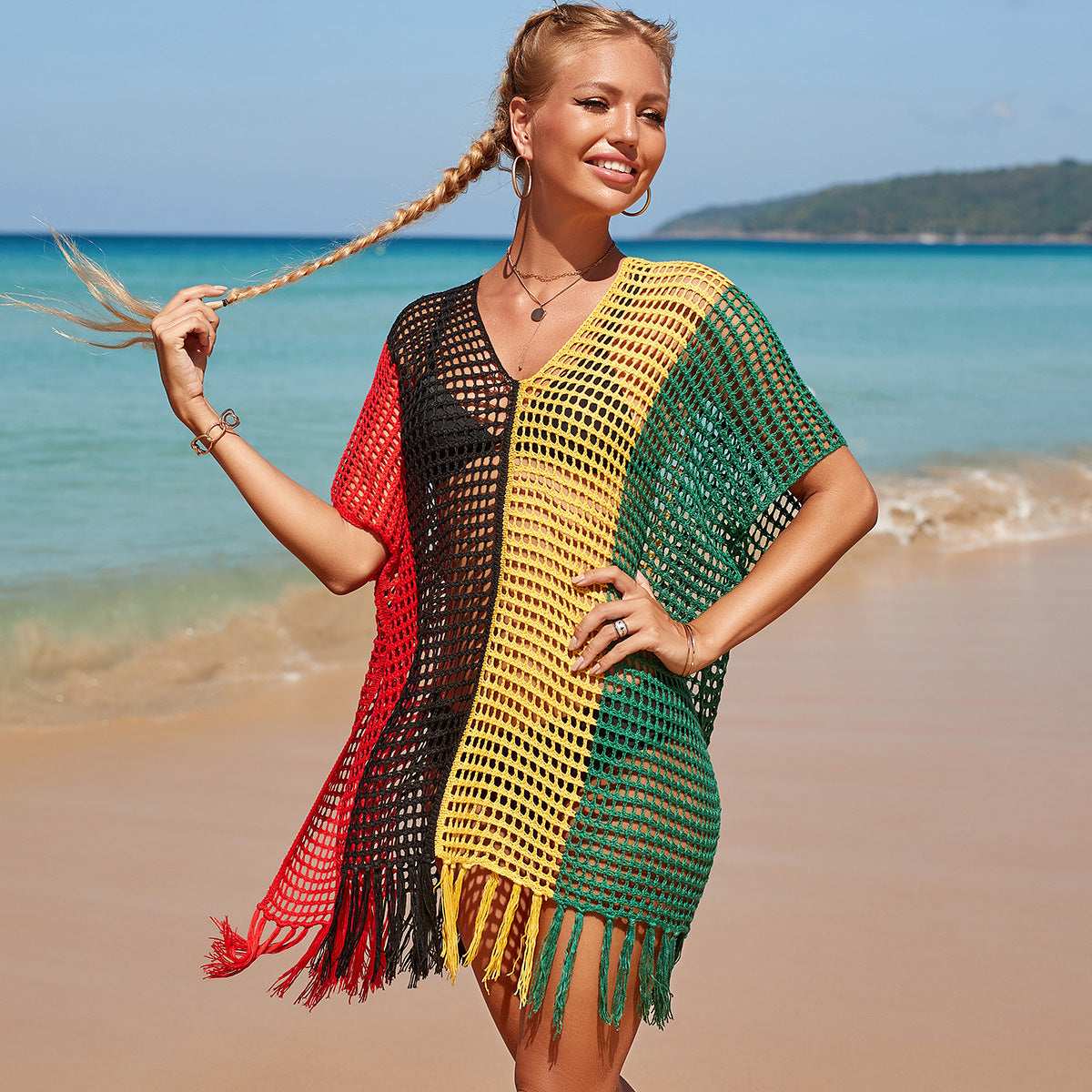 Hollow Knit Fringe Rainbow Hook Cover-Up Dress - globaltradeleader