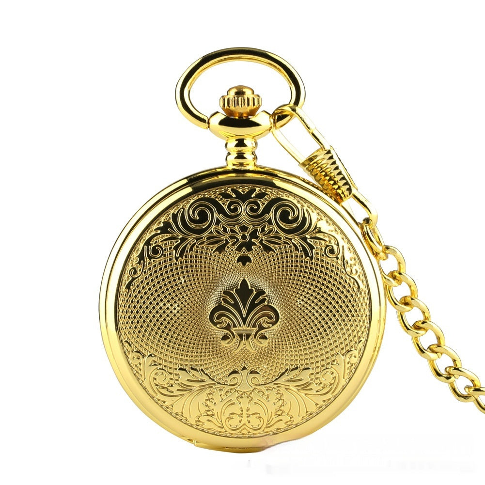 Flip Necklace Gold Double-sided Carved Shield Manual Manipulator Pocket Watch - globaltradeleader