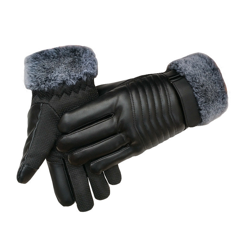 Winter Leather Gloves For Men And Women Velvet Thickened Cold-proof Warm Cycling Anti-slip Touch-screen Large Fleece Gloves - globaltradeleader