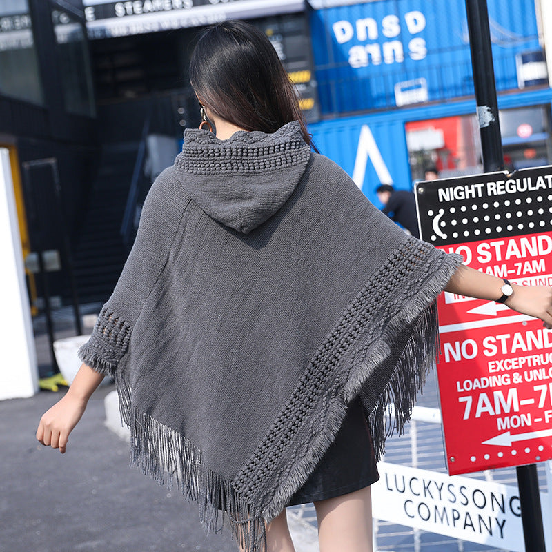 Solid Color Hollow Tassel Plus Size Cape And Shawl