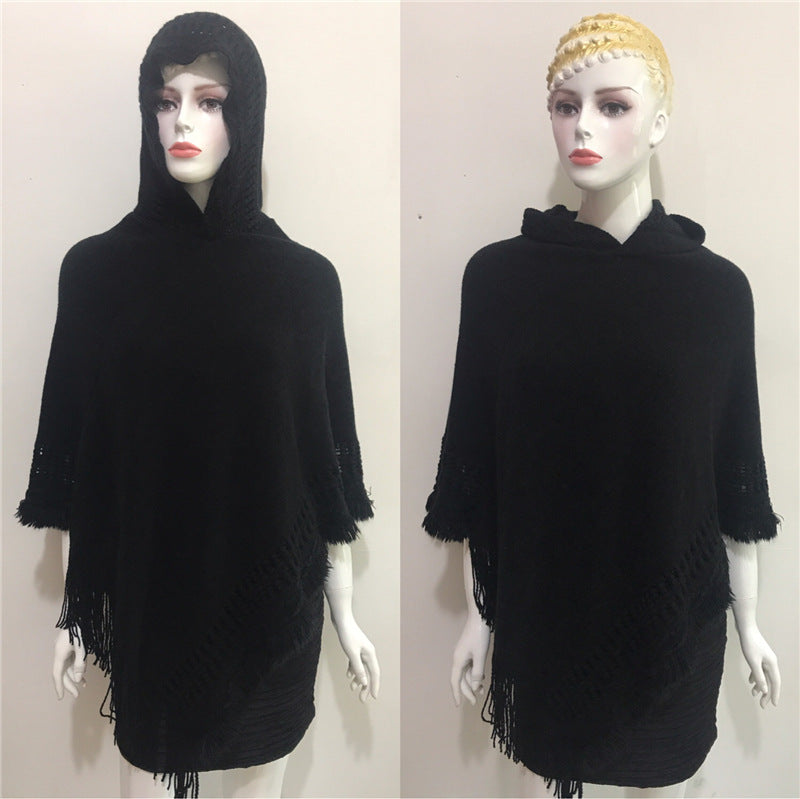 Solid Color Hollow Tassel Plus Size Cape And Shawl